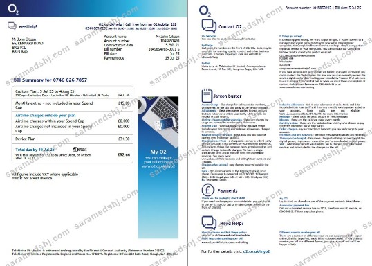 USA O2 utility bill template in Word and PDF formats, 2 pages, version 3